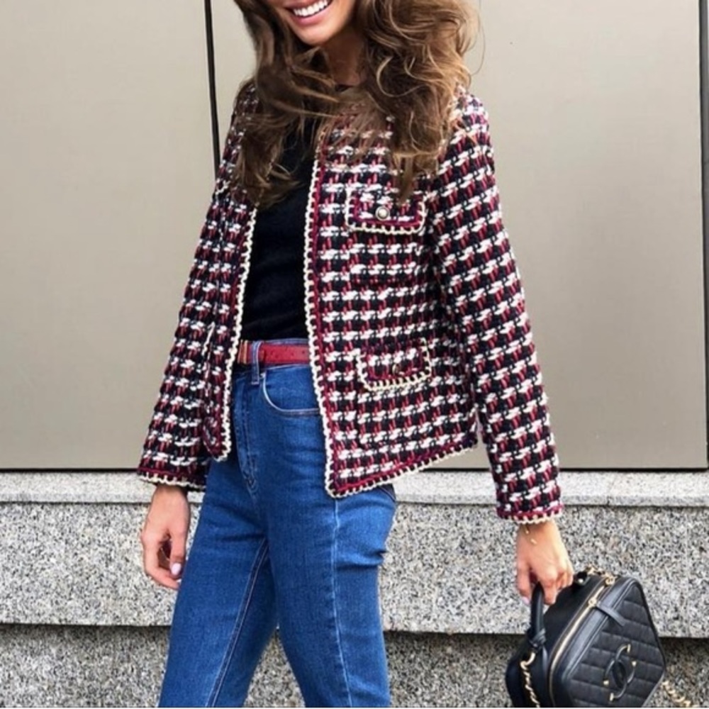 Zara Blogger Favorite textured tweed collarless jacket red & navy - Small
